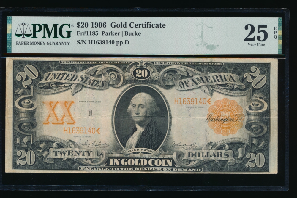 Fr. 1185 1906 $20  Gold Certificate  PMG 25EPQ H1639140 obverse
