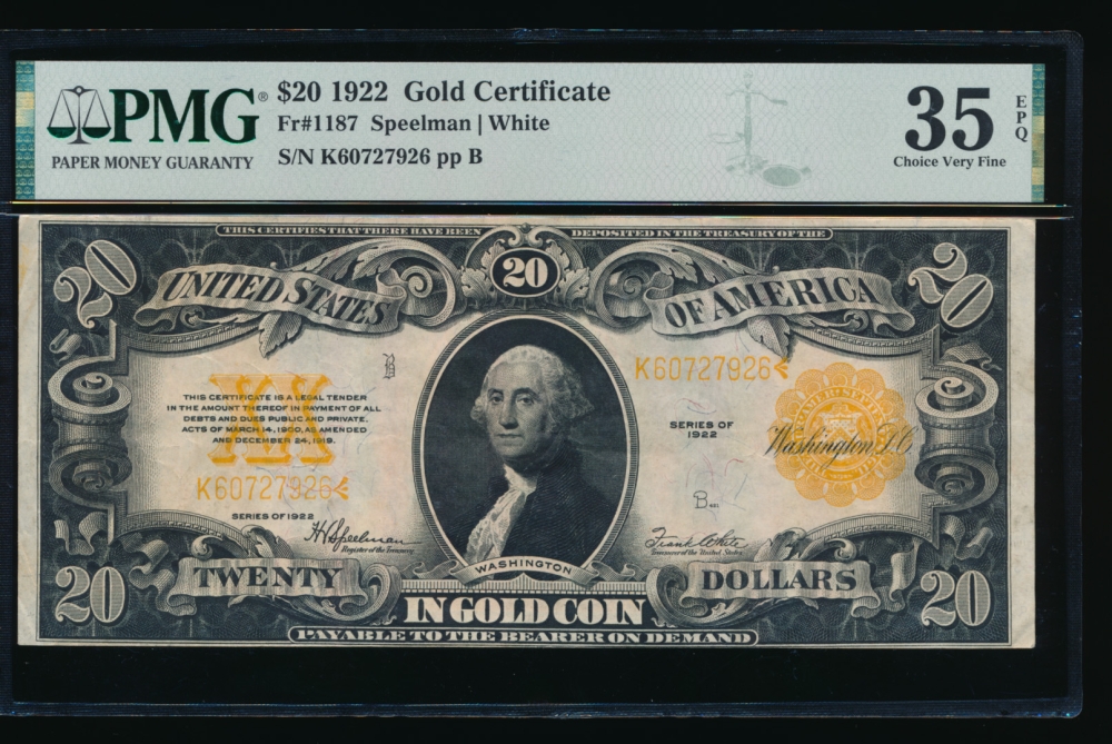 Fr. 1187 1922 $20  Gold Certificate  PMG 35EPQ K60727926 obverse