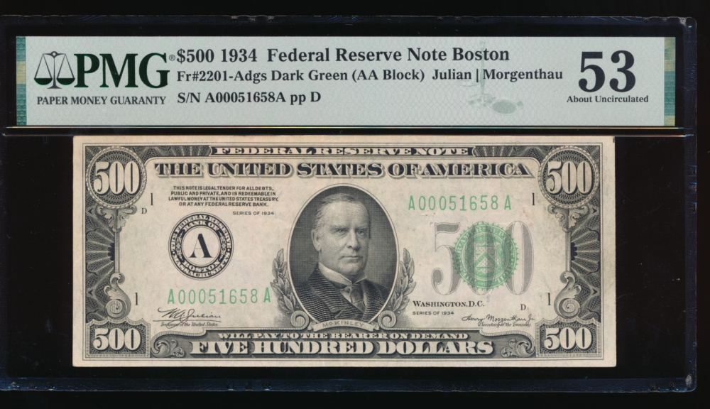 Fr. 2201-A 1934 $500  Federal Reserve Note Boston PMG 53 comment A00051658A obverse