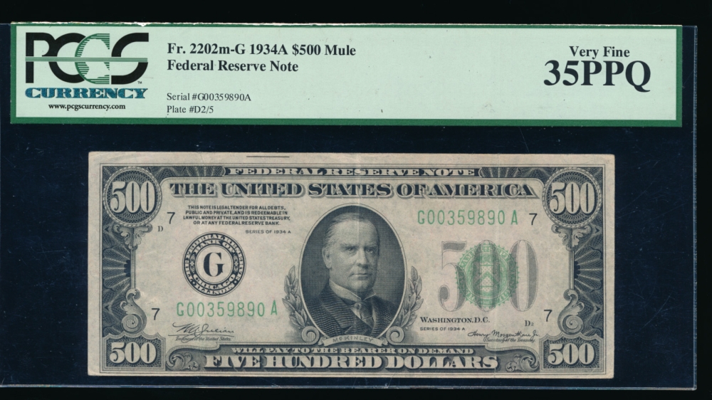 Fr. 2202-G 1934A $500  Federal Reserve Note Chicago PCGS-C 35PPQ G00359890A