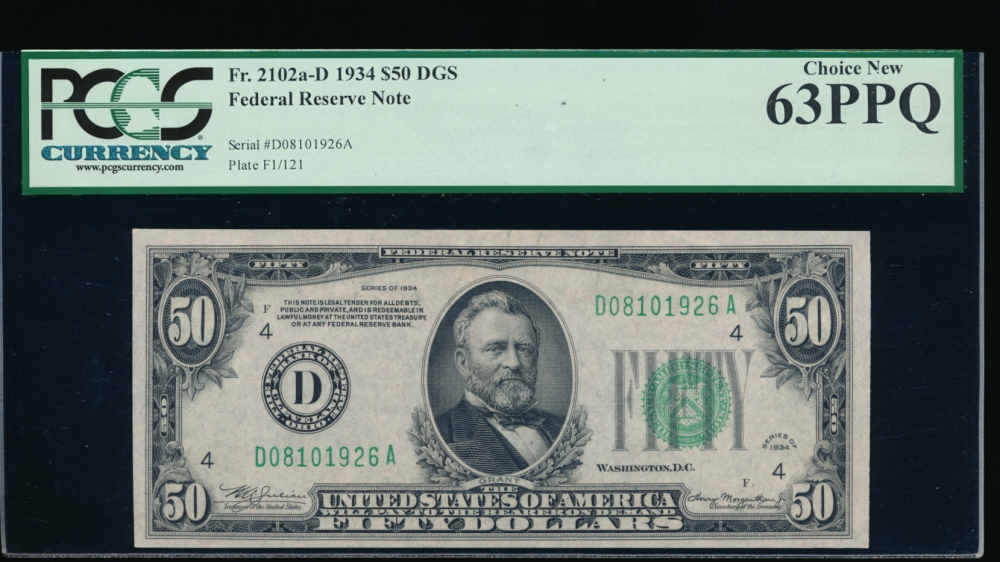 Fr. 2102-D 1934 $50  Federal Reserve Note Cleveland PCGS-C 63PPQ D08101926A