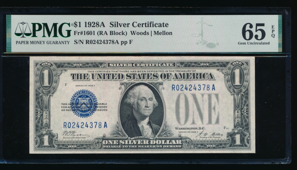 Fr. 1601 1928A $1  Silver Certificate RA block PMG 65EPQ R02424378A