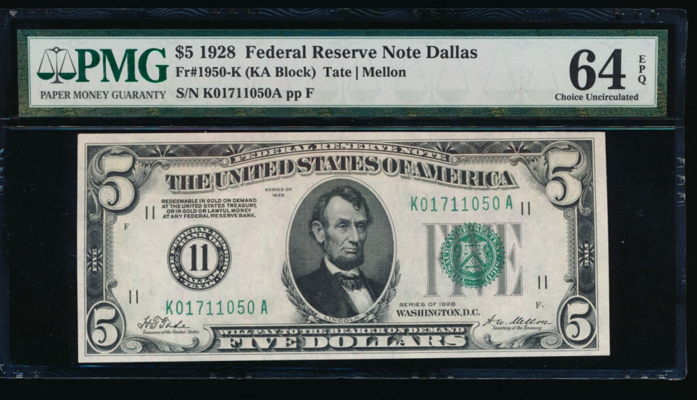 Fr. 1950-K 1928 $5  Federal Reserve Note Dallas PMG 64EPQ K01711050A