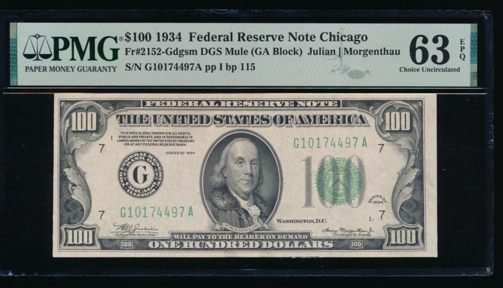 Fr. 2152-G 1934 $100  Federal Reserve Note Chicago mule PMG 63EPQ G10174497A