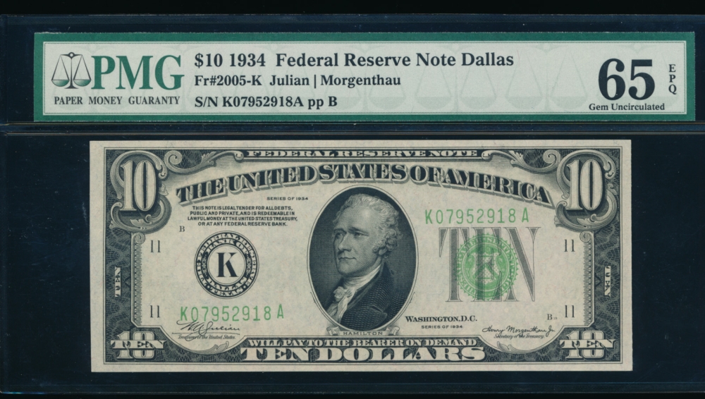 Fr. 2005-K 1934 $10  Federal Reserve Note Dallas PMG 65EPQ K07952918A
