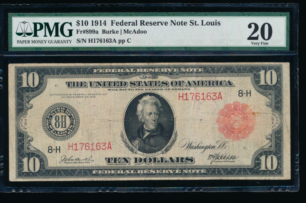 Fr. 899a 1914 $10  Federal Reserve Note red seal Saint Louis PMG 20 H176163A