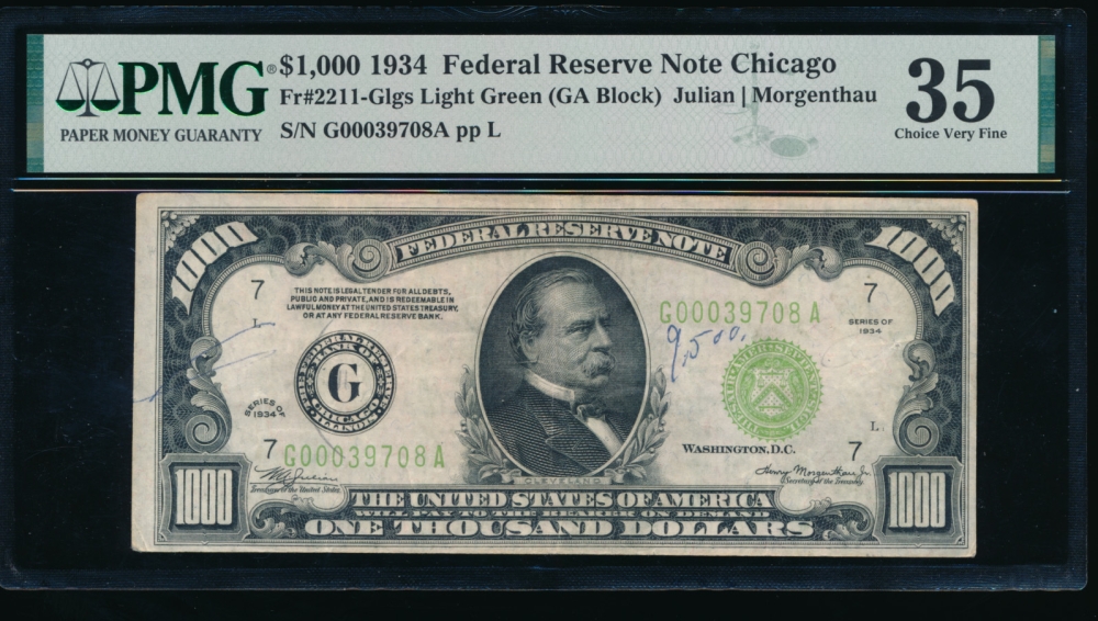 Fr. 2211-G 1934 $1,000  Federal Reserve Note Chicago LGS PMG 35 comment G00039708A