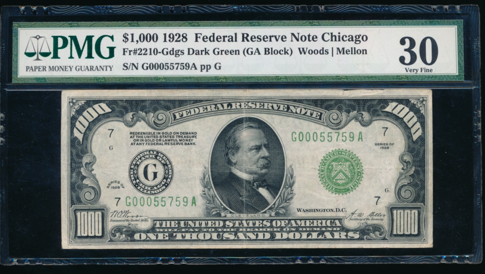 Fr. 2210-G 1928 $1,000  Federal Reserve Note Chicago PMG 30 G00055759A