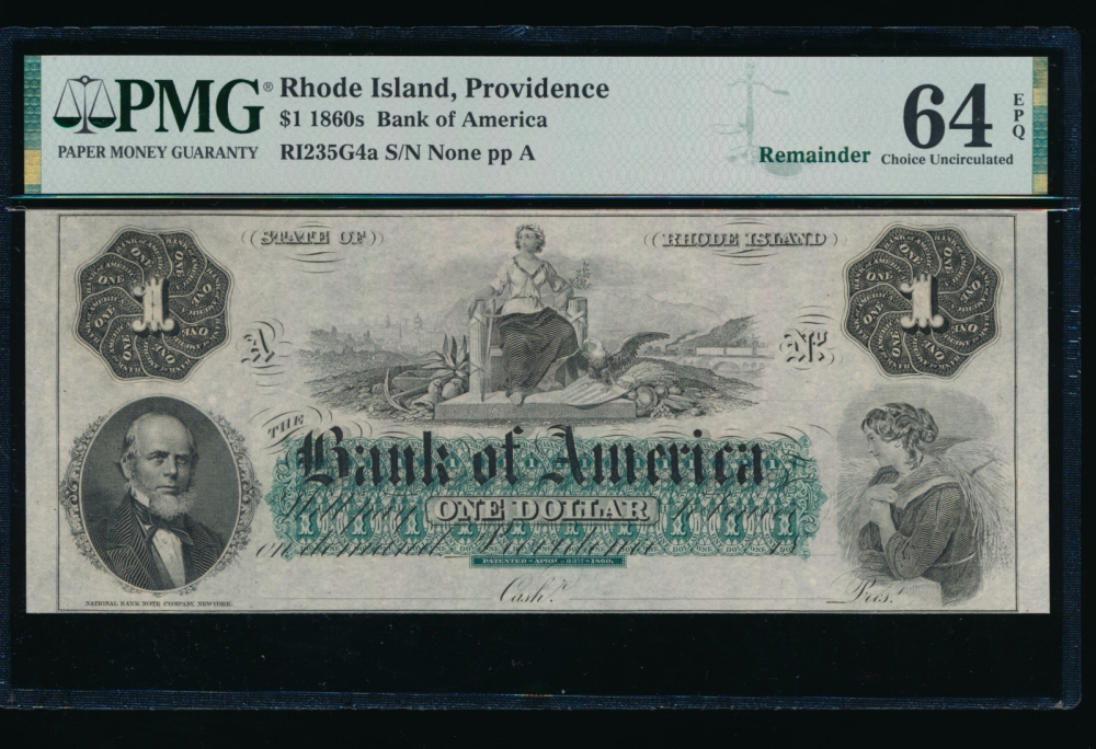 Fr. RI-235 G4a 1860s $1  Obsolete Bank of America, Rhode Island PMG 64EPQ no serial number
