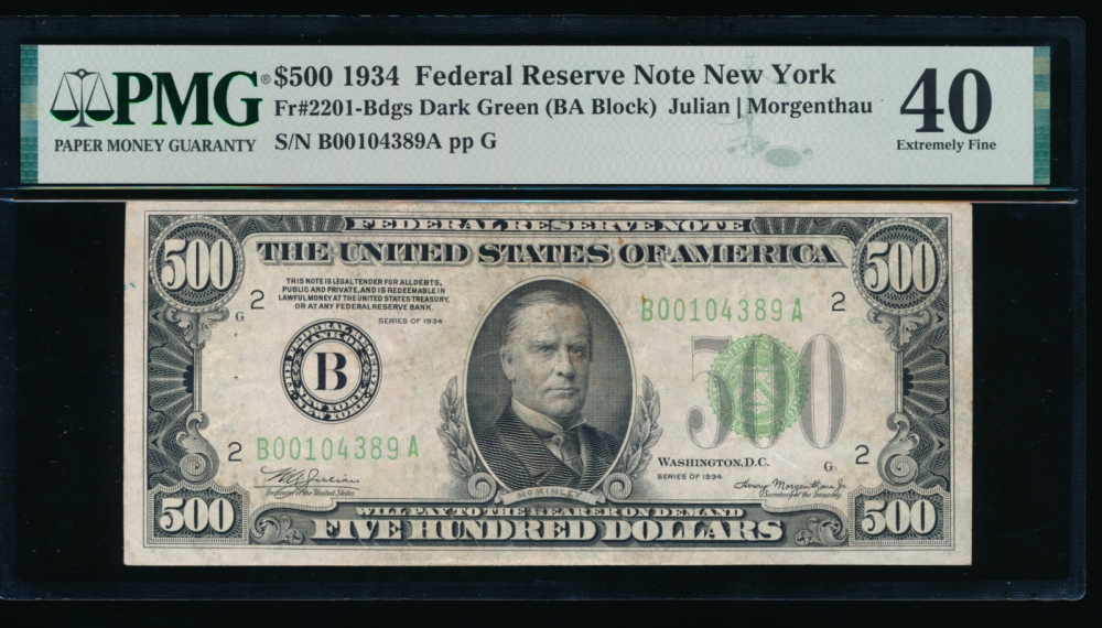 Fr. 2201-B 1934 $500  Federal Reserve Note New York PMG 40 comment B00104389A obverse