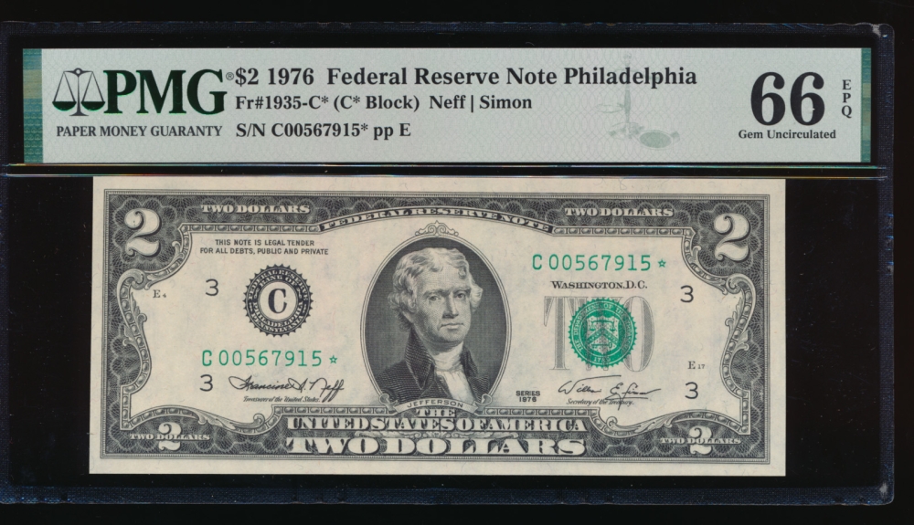 Fr. 1935-C 1976 $2  Federal Reserve Note Philadelphia star PMG 66EPQ C00567915*