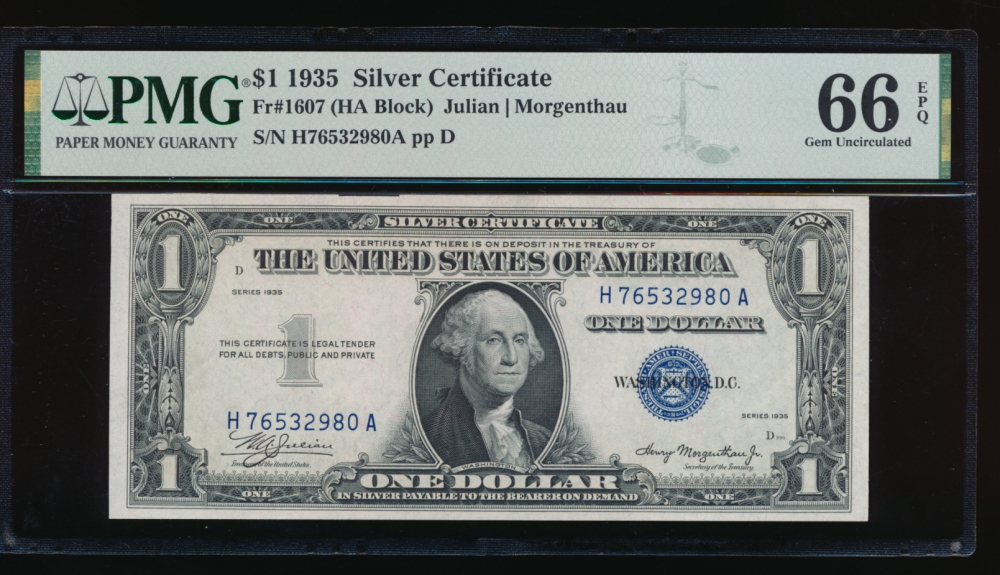 Fr. 1607 1935 $1  Silver Certificate HA block PMG 66EPQ H76532980A