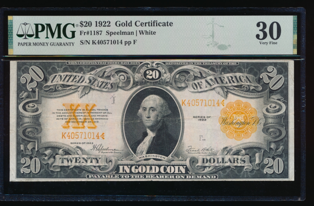 Fr. 1187 1922 $20  Gold Certificate  PMG 30 K40571014