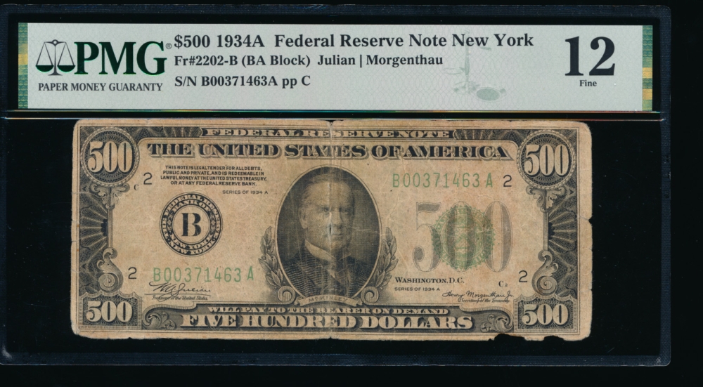 Fr. 2202-B 1934A $500  Federal Reserve Note New York PMG 12 comment B00371463A