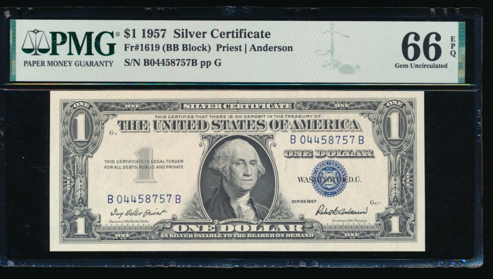 Fr. 1619 1957 $1  Silver Certificate BB block PMG 66EPQ B04458757B