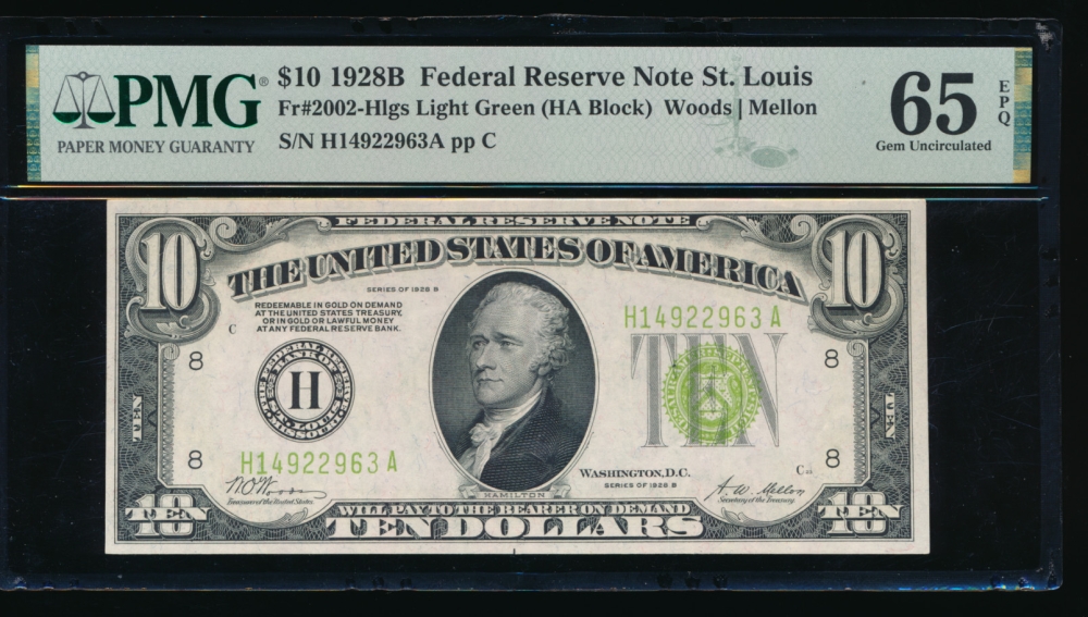 Fr. 2002-H 1928B $10  Federal Reserve Note Saint Louis LGS PMG 65EPQ H14922963A