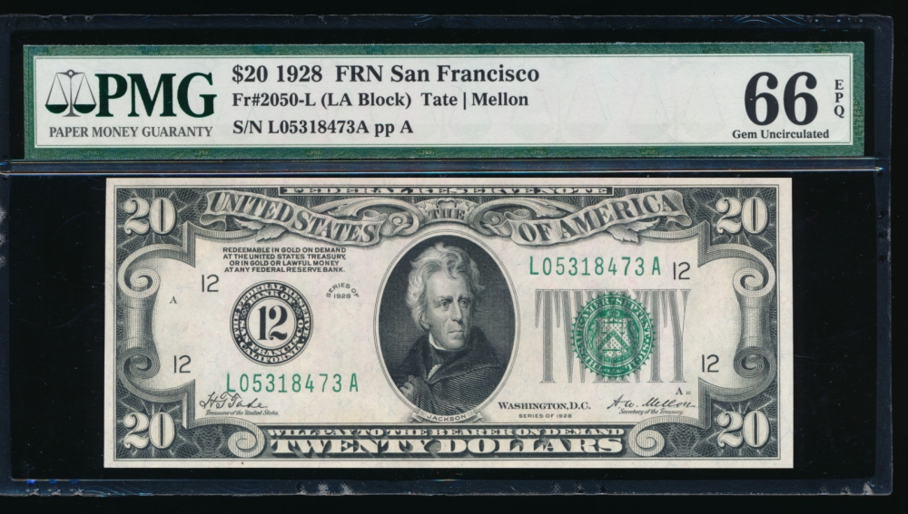 Fr. 2050-L 1928 $20  Federal Reserve Note San Francisco PMG 66EPQ L05318473A