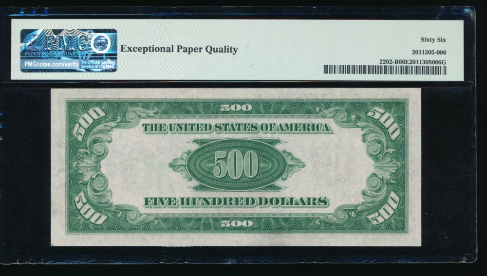 Fr. 2202-B 1934A $500  Federal Reserve Note New York PMG 66EPQ B00432843A reverse