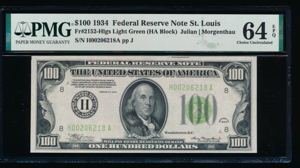 Fr. 2152-H 1934 $100  Federal Reserve Note Saint Louis LGS PMG 64EPQ H00206218A