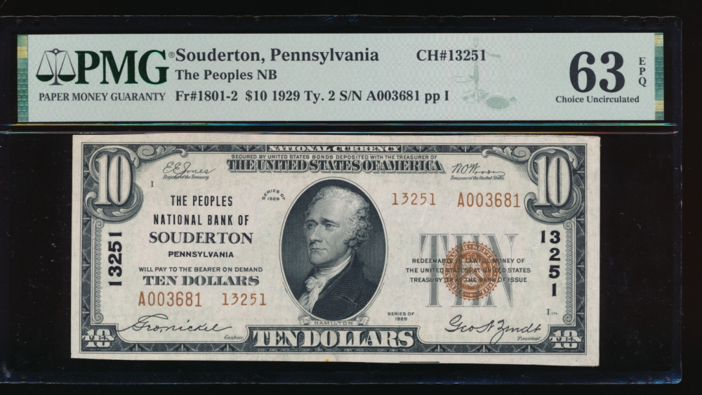 Fr. 1801-2 1929 $10  National: Type II Ch #13251 The Peoples National Bank of Souderton, Pennsylvania PMG 63EPQ A003681