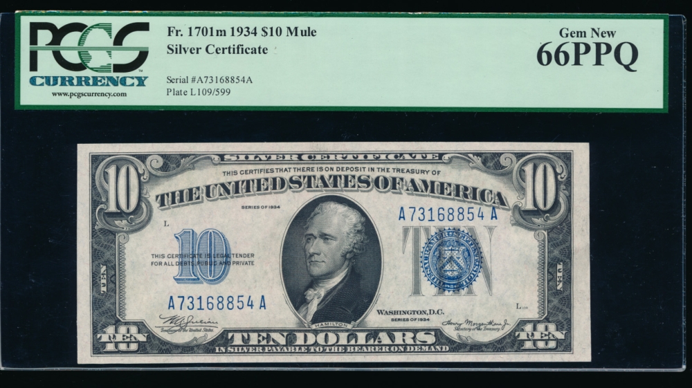 Fr. 1701 1934 $10  Silver Certificate mule PCGS-C 66PPQ A73168854A