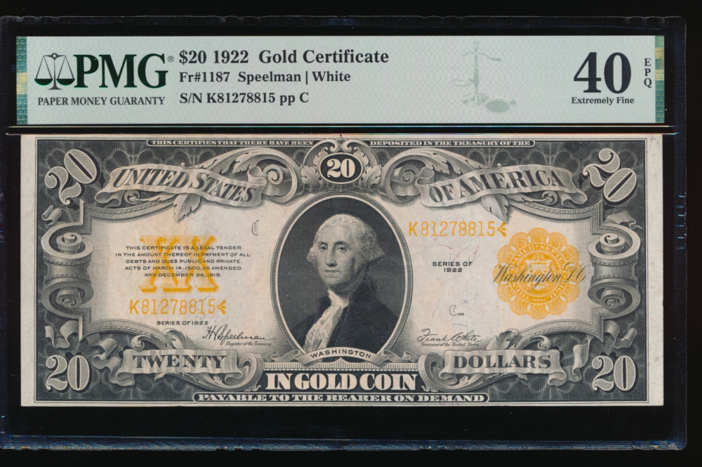 Fr. 1187 1922 $20  Gold Certificate  PMG 40EPQ K81278815