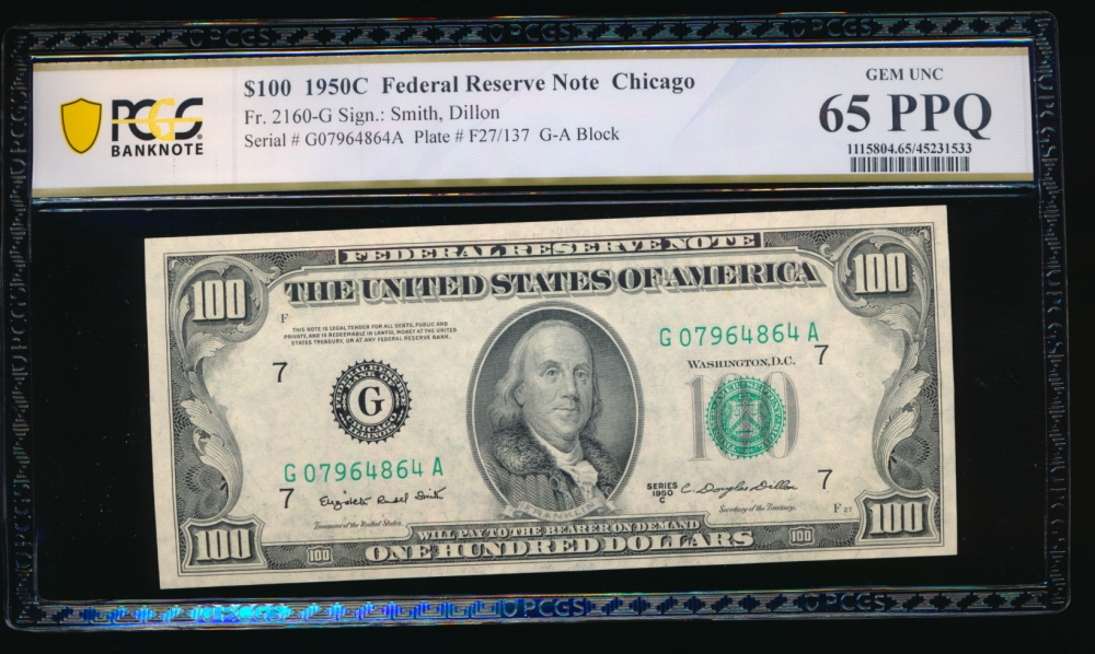 Fr. 2160-G 1950C $100  Federal Reserve Note Chicago PCGS 65PPQ G07964864A