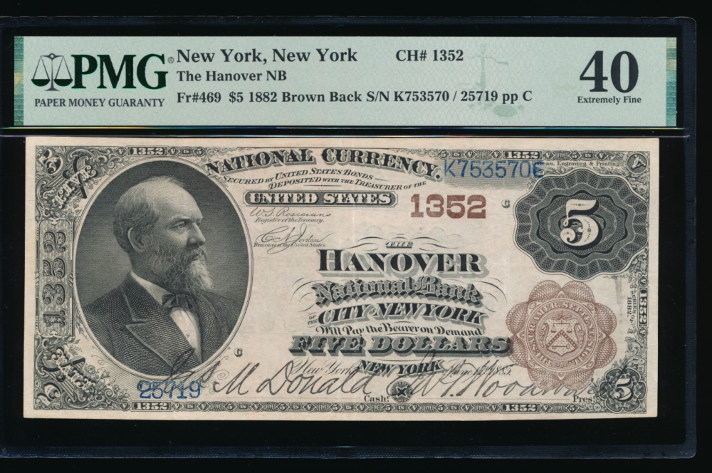 Fr. 469 1882 $5  National: Brown Back Ch #1352 The Hanover National Bank of the City of New York, New York PMG 40 25719 obverse