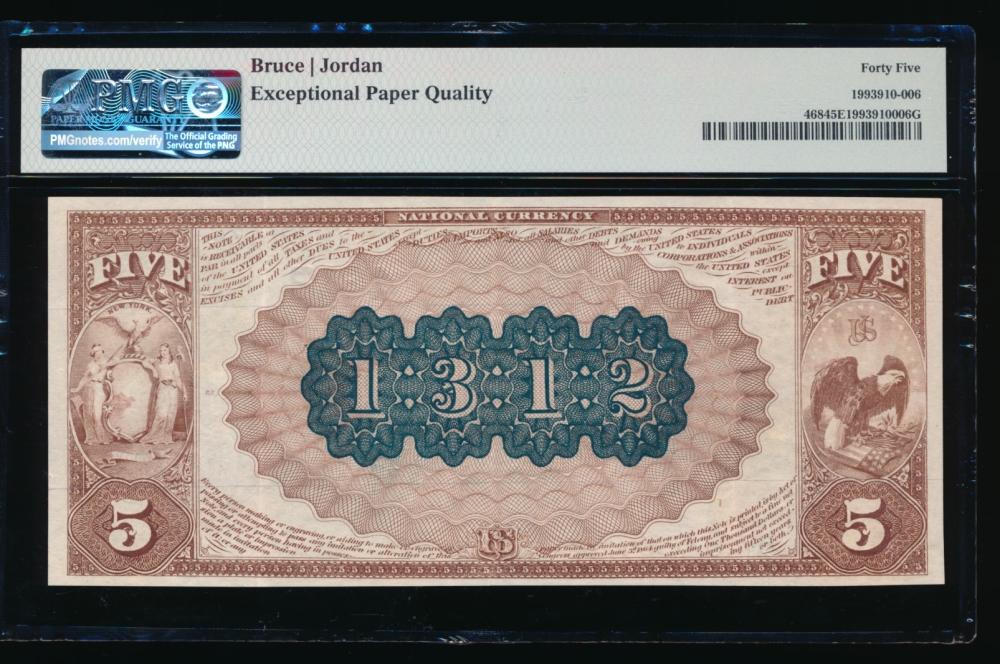 Fr. 468 1882 $5  National: Brown Back Ch #1312 The Farmers and Manufacturers National Bank of Poughkeepsie, New York PMG 45EPQ 2149 reverse