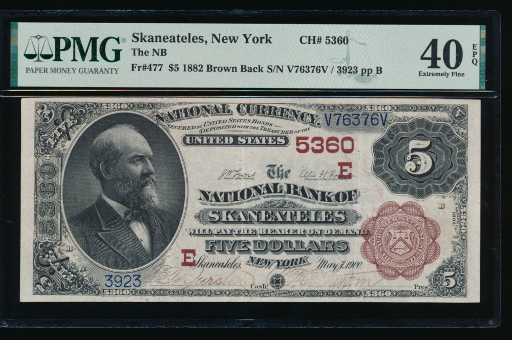 Fr. 477 1882 $5  National: Brown Back Ch #5360 The Naitonal Bank of Skaneateles, New York PMG 40EPQ 3923 obverse