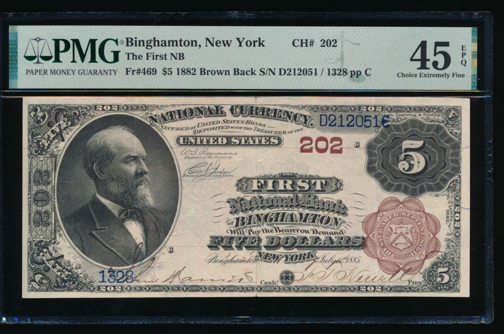Fr. 469 1882 $5  National: Brown Back Ch #202 The First National Bank of Binghamton, New York PMG 45EPQ 1328 obverse