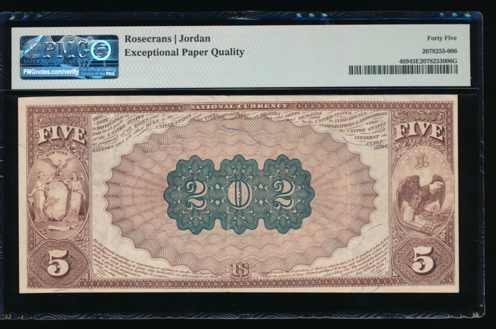 Fr. 469 1882 $5  National: Brown Back Ch #202 The First National Bank of Binghamton, New York PMG 45EPQ 1328 reverse