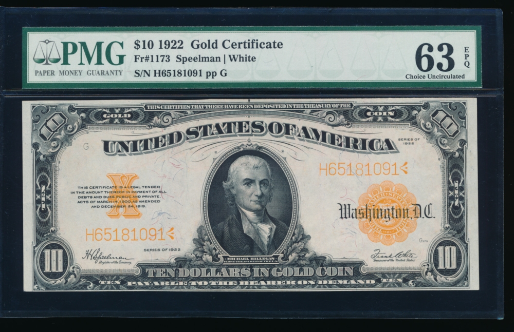 Fr. 1173 1922 $10  Gold Certificate  PMG 63EPQ H65181091