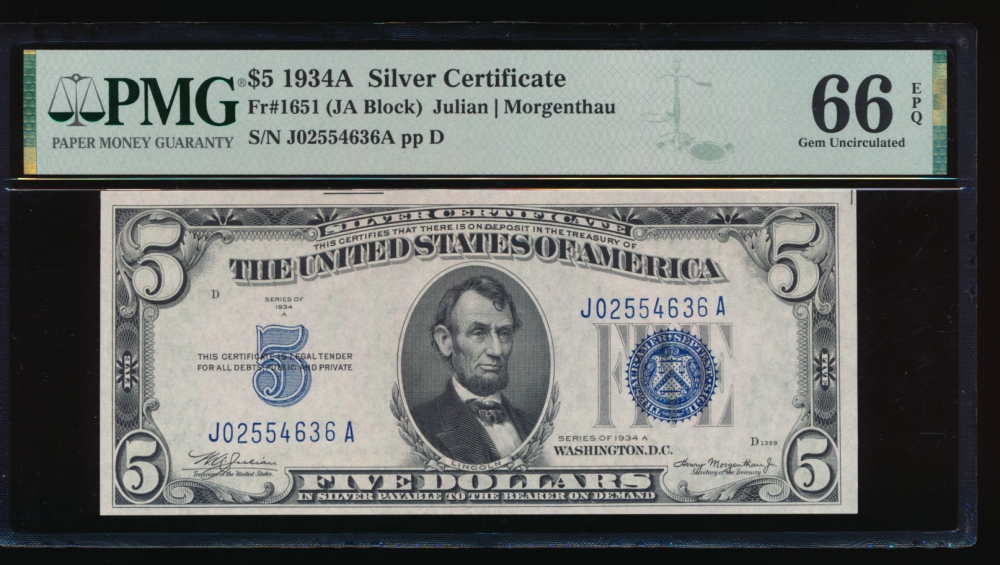 Fr. 1651 1934A $5  Silver Certificate JA block PMG 66EPQ J02554636A