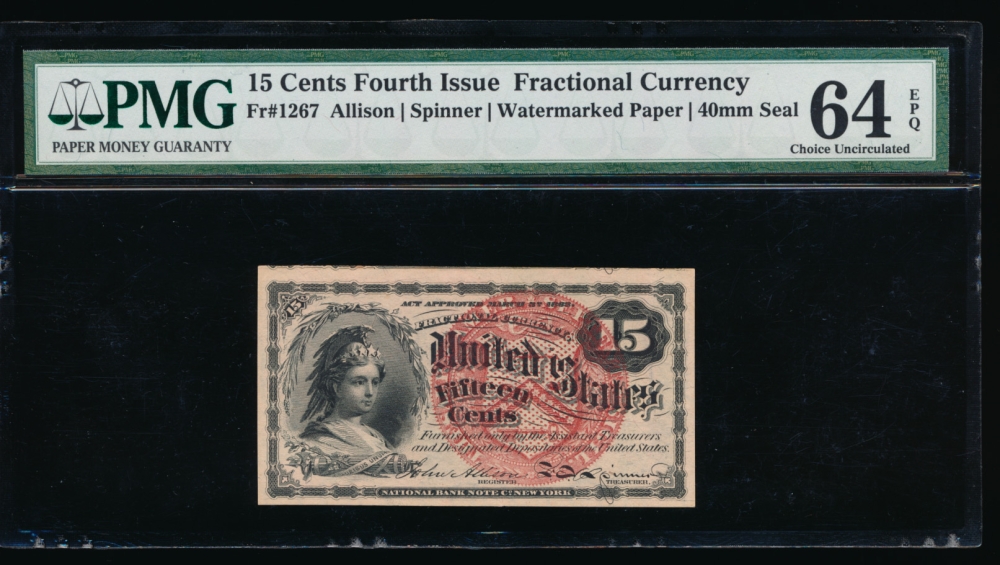 Fr. 1267  $0.15  Fractional Fourth Issue: Watermarked Paper, 40mm seal PMG 64EPQ no serial number