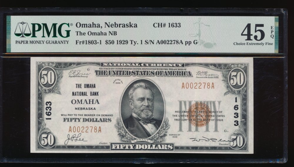 Fr. 1803-1 1929 $50  National: Type I Ch #1633 The Omaha National Bank of Omaha, Nebraska PMG 45EPQ A002278A