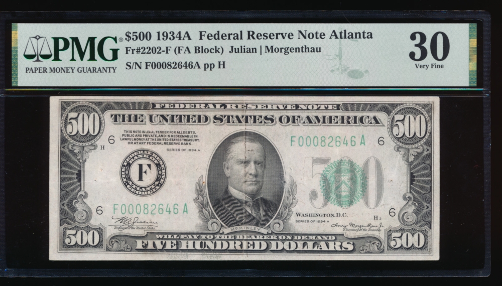 Fr. 2202-F 1934A $500  Federal Reserve Note Atlanta PMG 30 comment F00082646A obverse