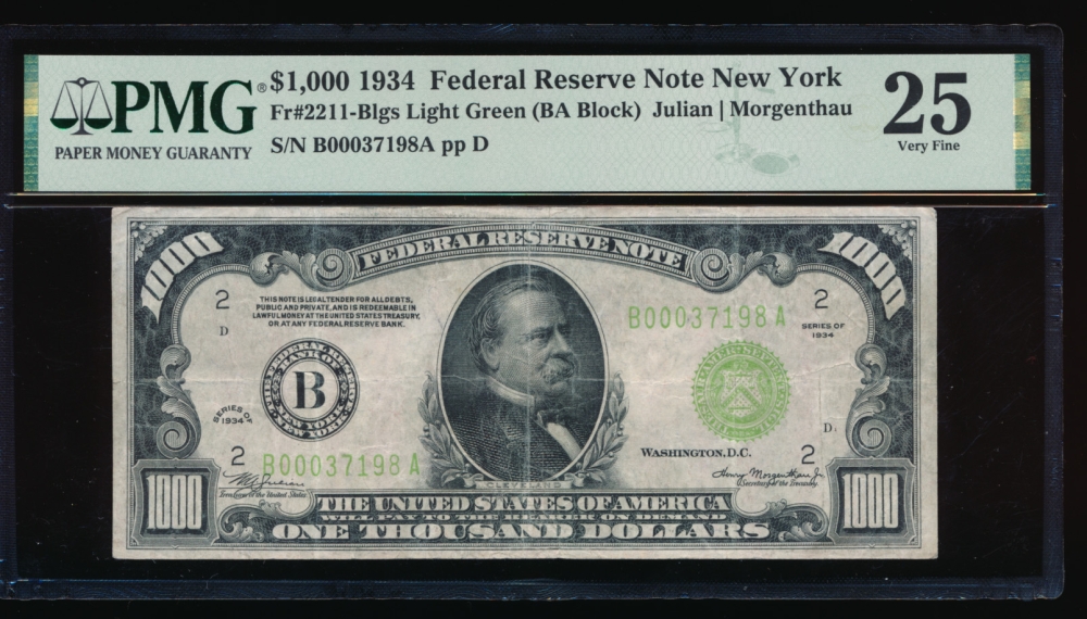 Fr. 2211-B 1934 $1,000  Federal Reserve Note New York LGS PMG 25 B00037198A