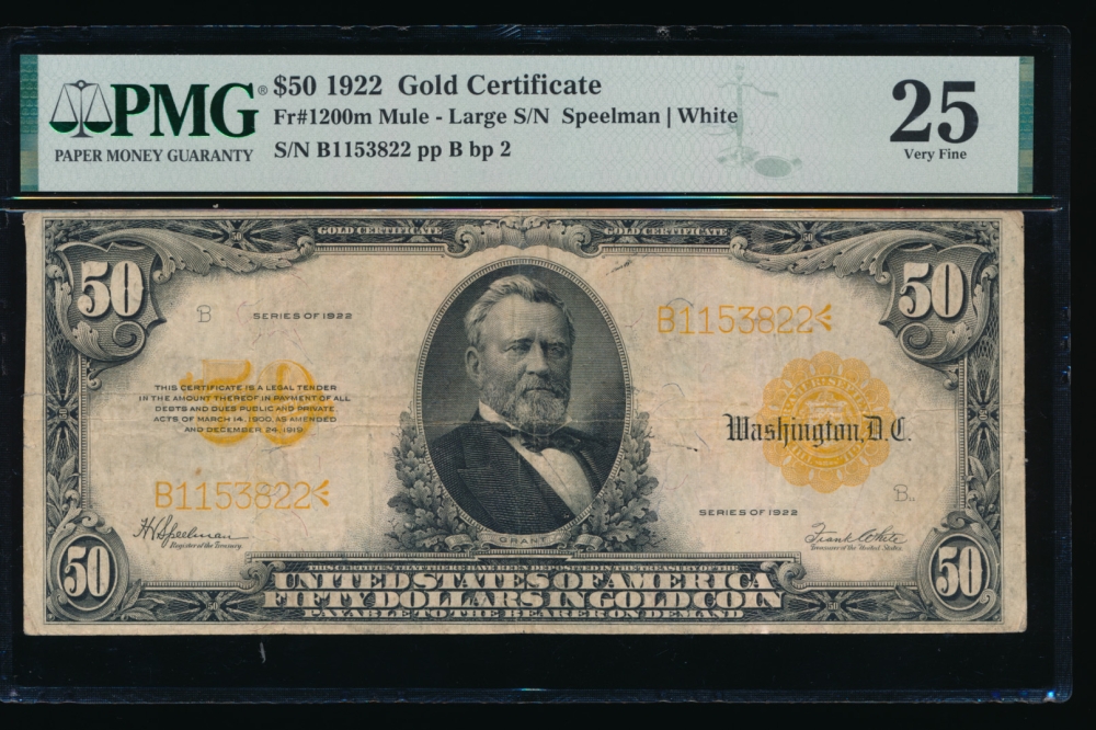 Fr. 1200 1922 $50  Gold Certificate mule PMG 25 B1153822