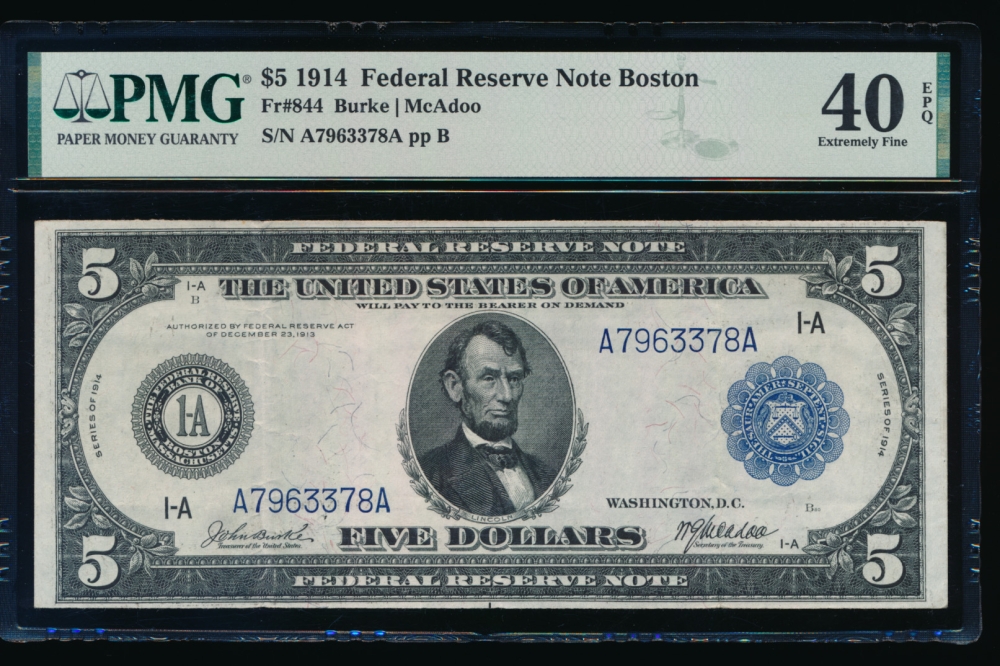 Fr. 844 1914 $5  Federal Reserve Note Boston PMG 40EPQ A7963378A