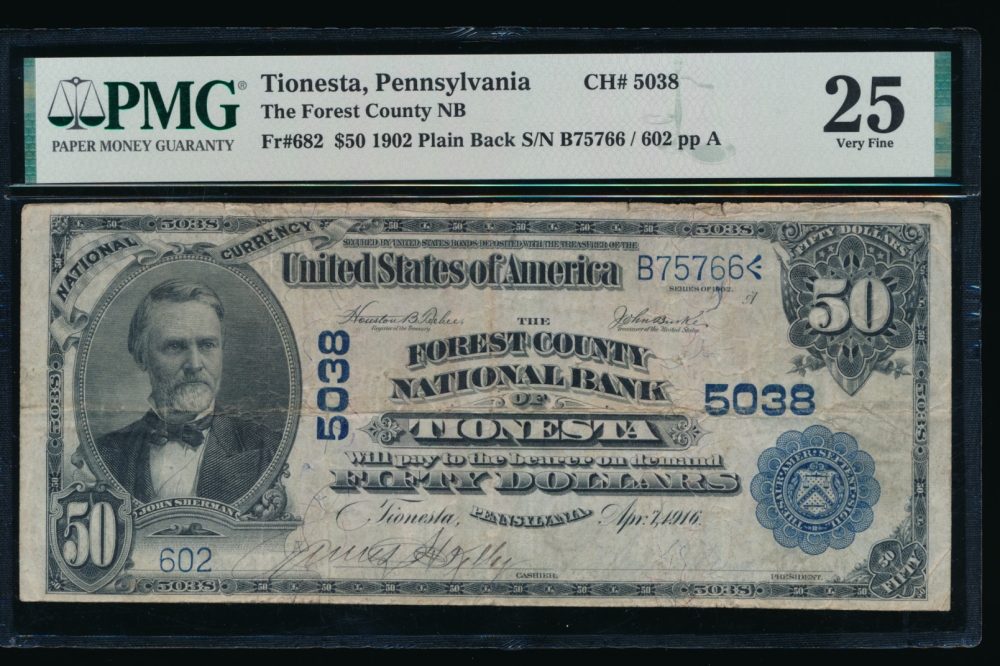 Fr. 682 1902 $50  National: Plain Back Ch #5038 The Forest County National Bank of Tionesta, Pennsylvania PMG 25 602