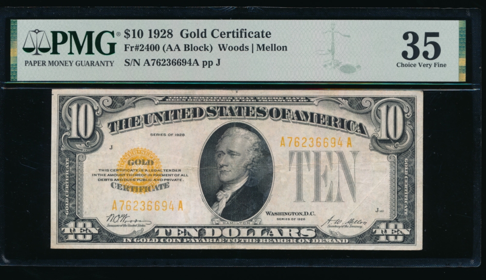Fr. 2400 1928 $10  Gold Certificate AA block PMG 35 A76236694A