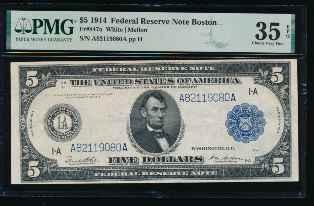 Fr. 847a 1914 $5  Federal Reserve Note  PMG 35EPQ A82119080A