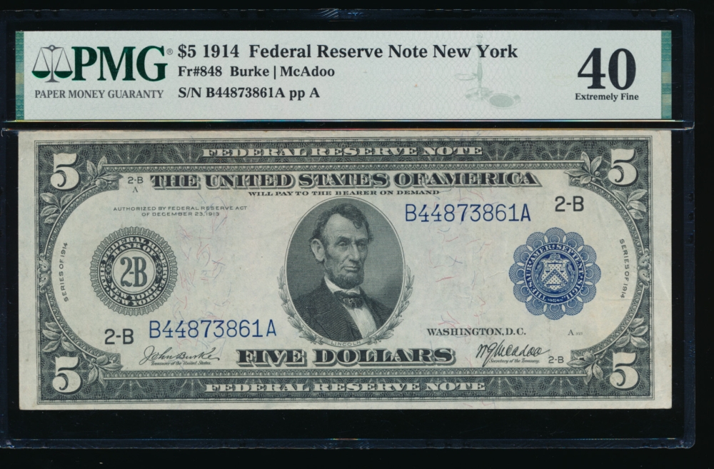 Fr. 848 1914 $5  Federal Reserve Note New York PMG 40 B44873861A