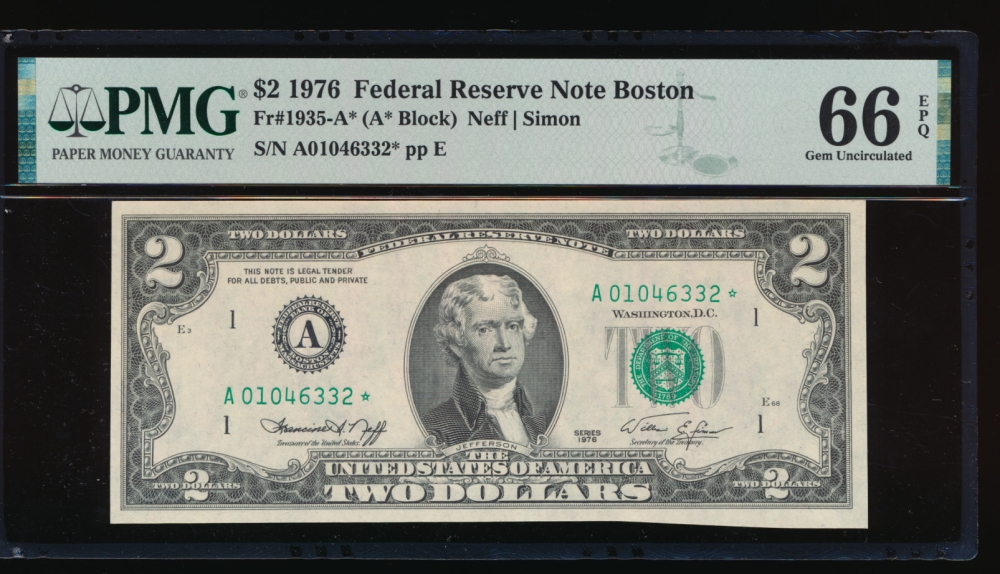 Fr. 1935-A 1976 $2  Federal Reserve Note Boston star PMG 66EPQ A01046332*