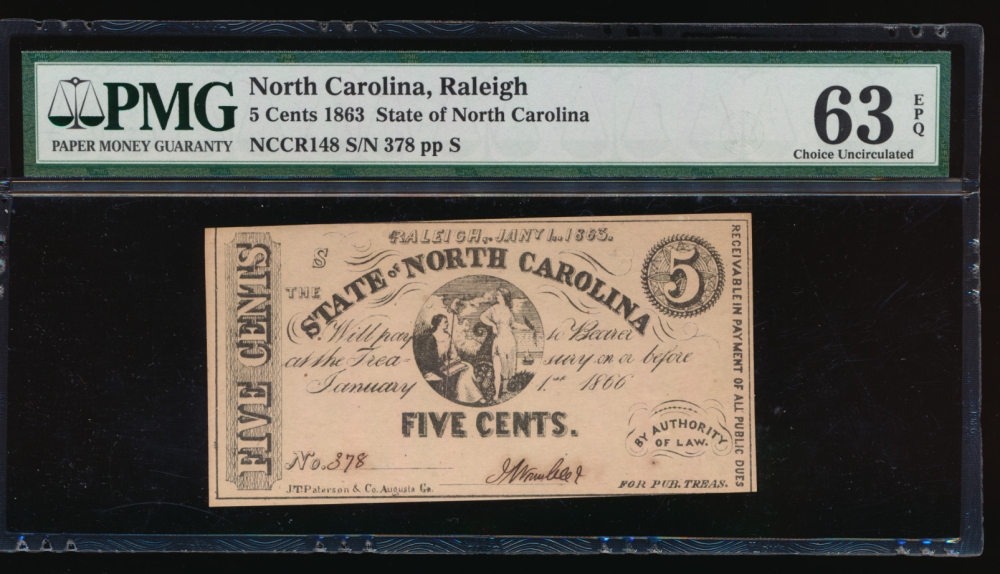 Fr. CR NC-148 1863 $0.05  Obsolete State of North Carolina, Raleigh PMG 63EPQ 378 S obverse