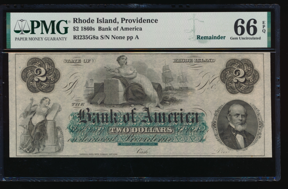 Fr. RI-235 G8a 1860s $2  Obsolete Bank of America, Rhode Island PMG 66EPQ no serial number