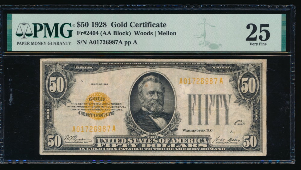 Fr. 2404 1928 $50  Gold Certificate  PMG 25 A01726987A