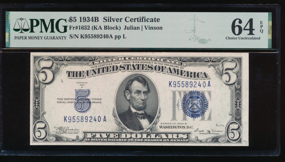 Fr. 1652 1934B $5  Silver Certificate KA block PMG 64EPQ K95589240A