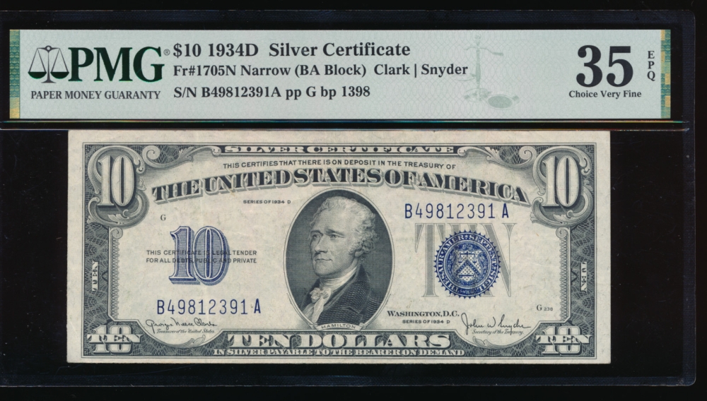 Fr. 1705 1934D $10  Silver Certificate BA block, narrow PMG 35EPQ B49812391A